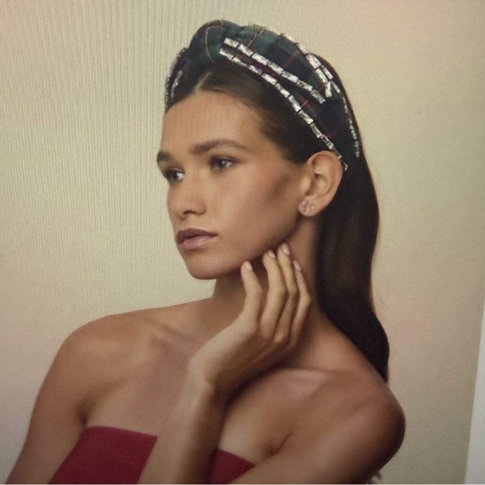 Lele Sadoughi Embellished Plaid Padded Headband Black & Green& Red, NWT & pouch